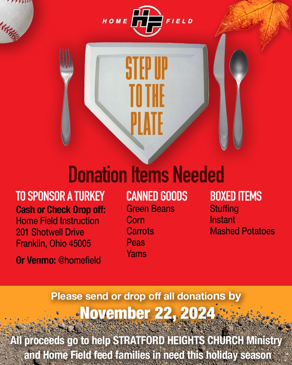 🦃 Last chance to give back this season! 🦃 Bring your food donations to Home Field Instruction by November 22 and help Stratford Heights Church Ministry feed local families. Let’s make a difference together! 💛 #TurkeyDrive #CommunitySupport
