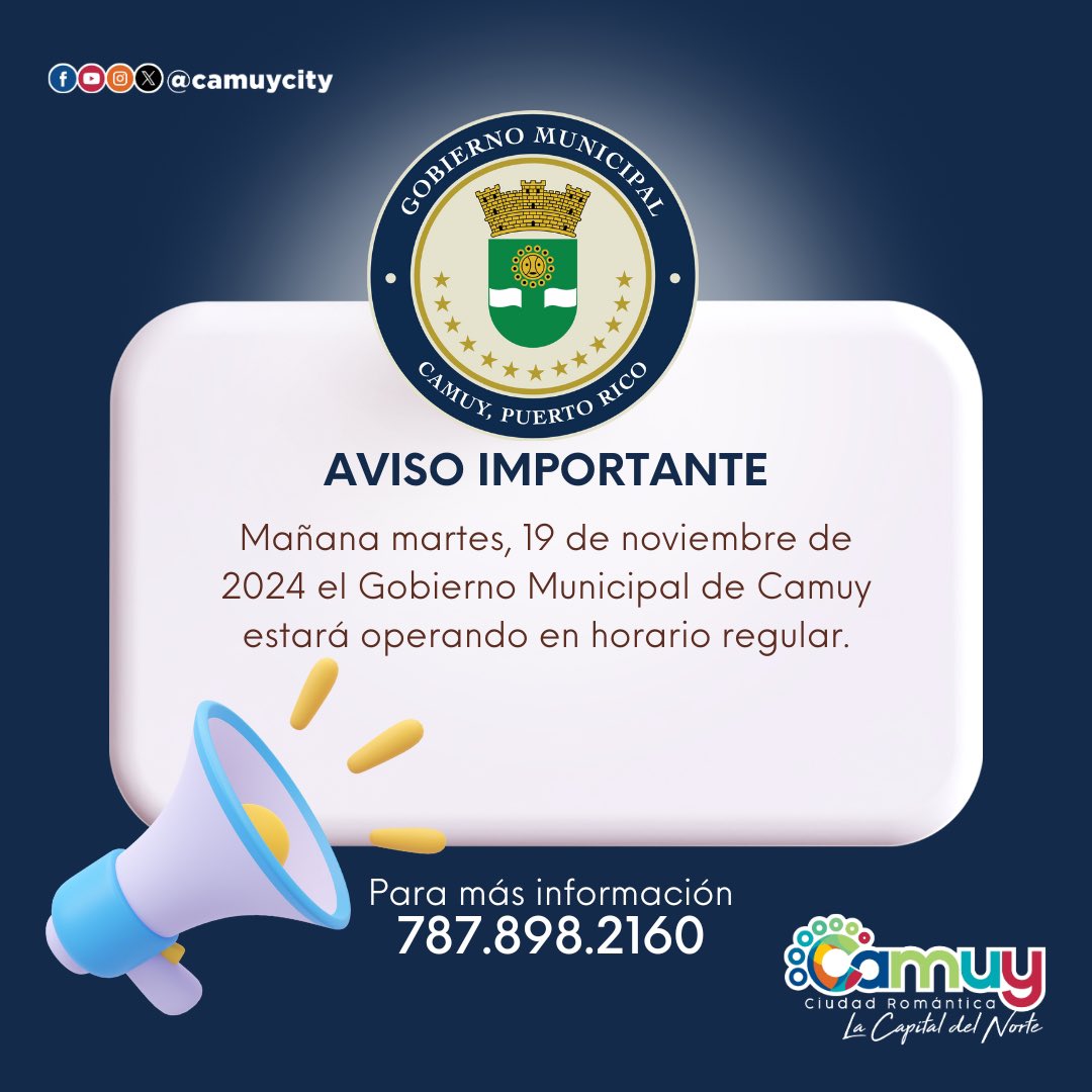 Mañana Día Feriado por Celebración del Descubrimiento de Puerto Rico , el Gobierno Municipal <a href="/CamuyCity/">Camuy City</a>  trabajará en Horario Regular .