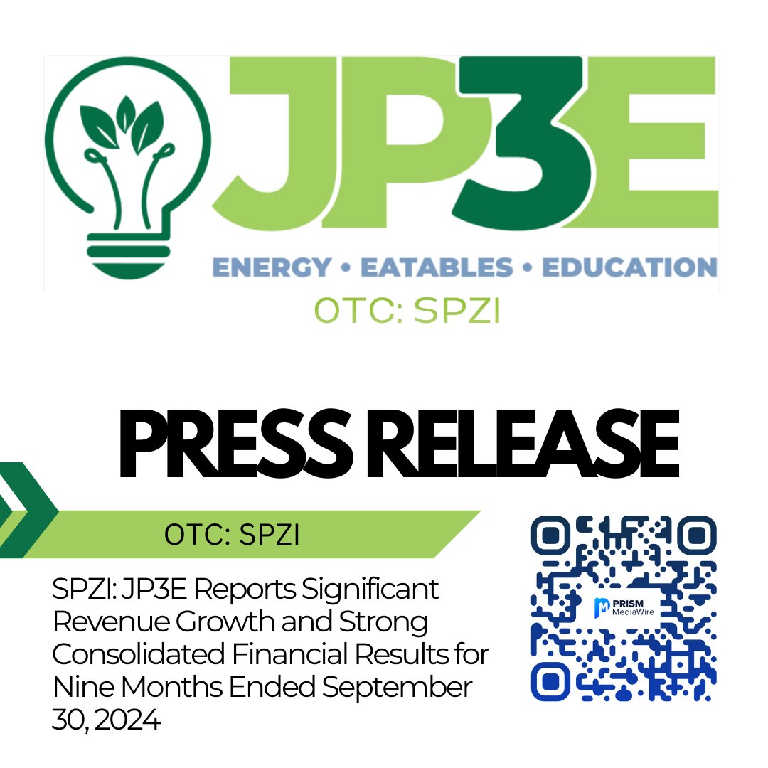 prism_mediawire's tweet photo. $SPZI @SpoozInc @BLOX_globe SPZI: JP3E Reports Significant Revenue Growth and Strong Consolidated Financial Results for Nine Months Ended September 30, 2024 https://t.co/YgjO85UnwW #SPZI #JP3E #JP3EHoldings #Bloxcross #StockMarket #PressRelease #OTCMarkets #FinTech #Commodities #PrismMediaWire