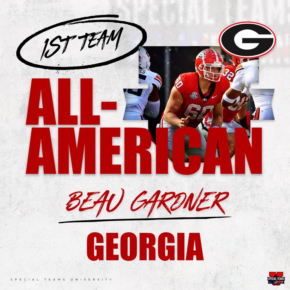 Special Teams Uβ’ (@specialteamsu) on Twitter photo Congratulations to <a href="/GeorgiaFootball/">Georgia Football</a> long snapper <a href="/beaugardner415/">Beau Gardner</a> for a great college career and senior season!
We have identified Beau as one of the top long snappers in the 2025 NFL Draft Class and named him our 1st Team Special Teams U All-American based on the following Congratulations to <a href="/GeorgiaFootball/">Georgia Football</a> long snapper <a href="/beaugardner415/">Beau Gardner</a> for a great college career and senior season!
We have identified Beau as one of the top long snappers in the 2025 NFL Draft Class and named him our 1st Team Special Teams U All-American based on the following