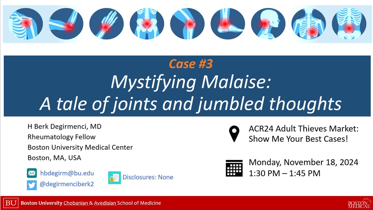 #ACR24 Thieves Market presentation from <a href="/BU_BMC_Rheum/">BU/BMC Rheumatology</a> @degirmenciberk2 

"Mystifying Malaise: A tale of joints and jumbled thoughts"

🔍