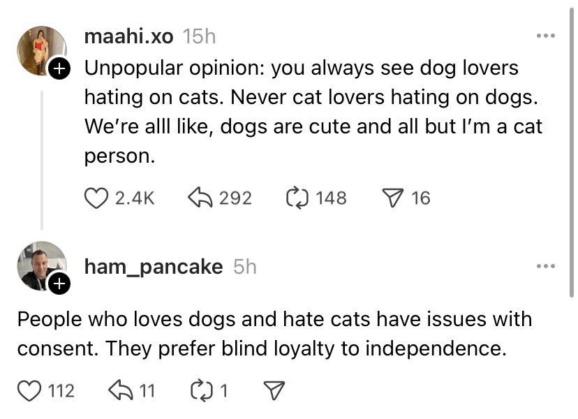 hotsauceholster's tweet photo. Dog people: I don’t really like cats that much as a pet.

Cat people: that’s because you’re a dumb fascist abuser who doesn’t understand consent and also your pet is dumb and ugly and gross and doesn’t really care about you or have emotions.

Cat people: why are u bullying me :( https://t.co/hsTOs3sjeR