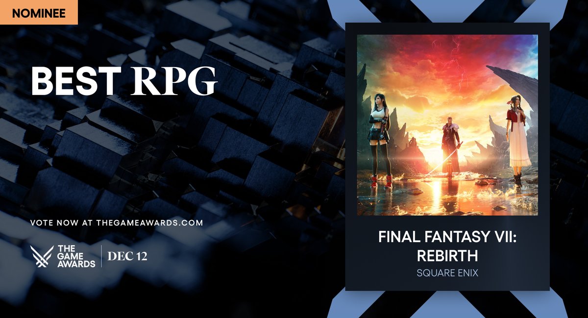 finalfantasyvii's tweet image. VII #TheGameAwards nominations for Final Fantasy VII Rebirth! 🎉

☄️ Game of the Year
☄️ Best RPG
☄️ Best Game Direction
☄️ Best Narrative
☄️ Best Score &amp;amp; Music
☄️ Best Audio Design
☄️ Best Performance - Briana White (Aerith)

Vote for #FF7R now: bit.ly/tgavote