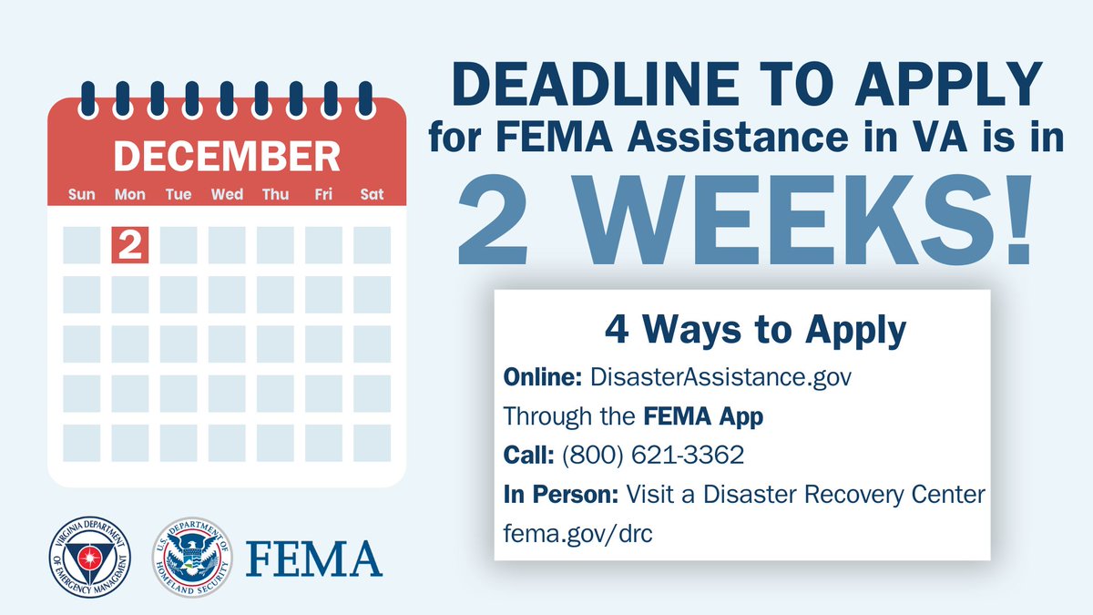 #Virginia: Don’t wait! The deadline to apply for FEMA assistance is 12/2 - that's 2 weeks away! The 4 ways to apply are:
1⃣Visit a Disaster Recovery Center
2⃣Online: DisasterAssistance.gov
3⃣Download the FEMA app
4⃣Call the FEMA Helpline at 800-621-3362
go.dhs.gov/Uhe