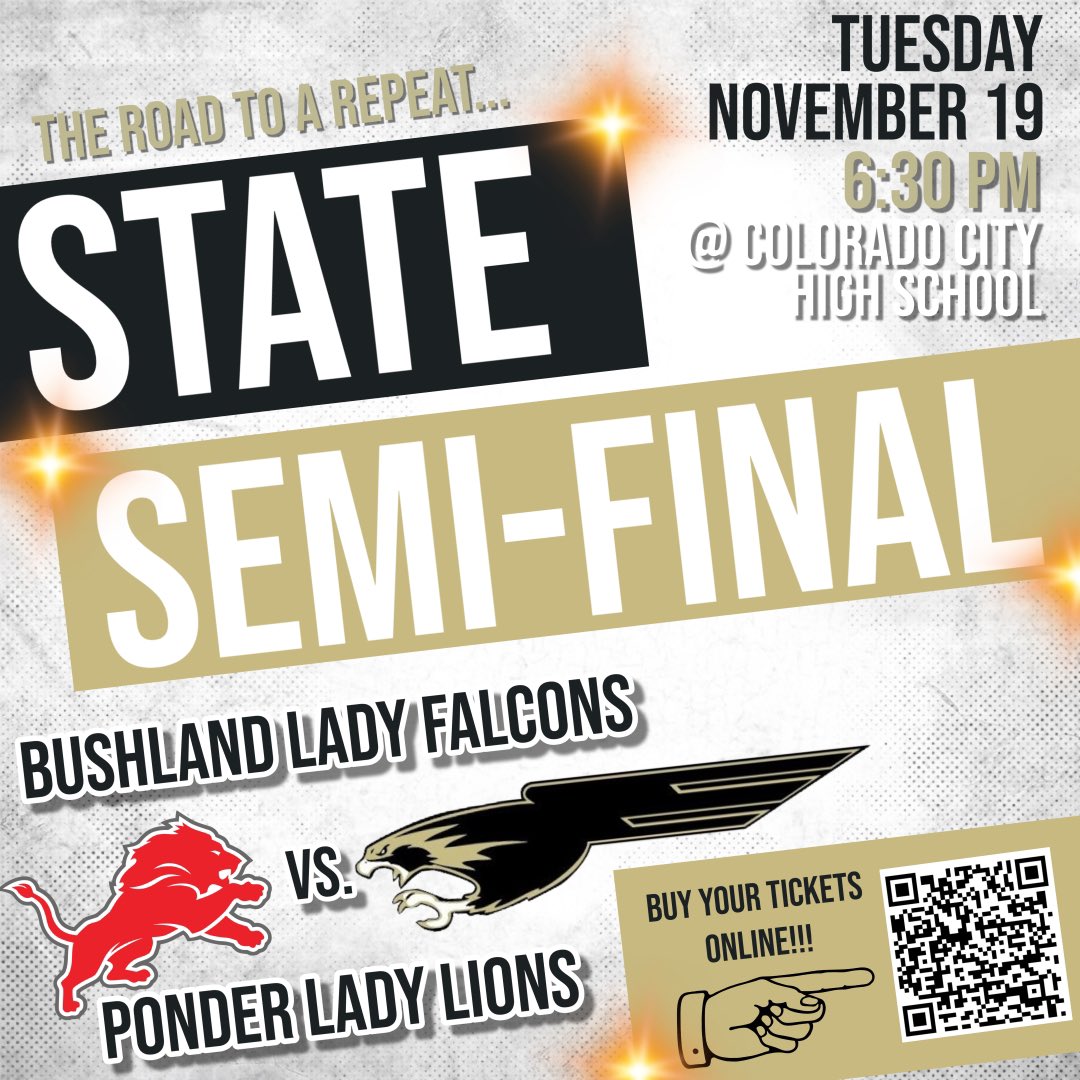 🏐🏐STATE SEMI-FINAL!!!🏐🏐
Bushland vs. Ponder
🗓️ Tuesday, November 19
⌚️ 6:30 PM
🎟️ link is below!
We need you to be there and be loud!
#TPDub #WEAREBUSHLAND
🎟️ ➡️ ccity.hometownticketing.com/embed/event/269