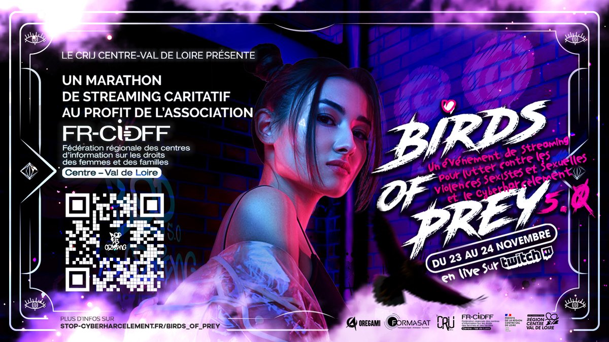 RCValdeLoire's tweet photo. #Numérique 🖥️
📣 Le CRIJ et la CIDFF #CentreValdeLoire vous invitent à suivre "Birds of Prey", week-end de streaming caritatif sur #Twitch les 23 et 24/11, pour lutter contre les violences sexistes et sexuelles 🕹️

Un événement soutenu par la Région 💙
🔗 https://t.co/Gukw5MaRXA https://t.co/YklMOTNKlp