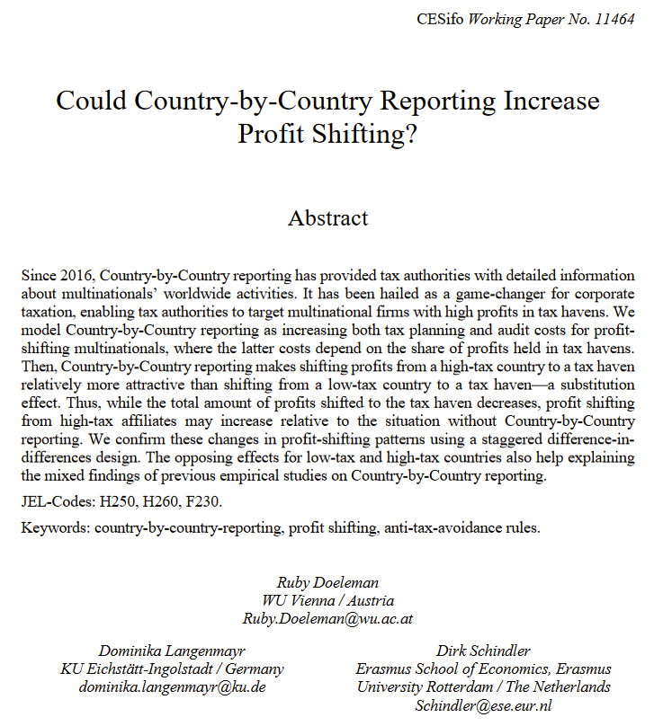 D_Langenmayr's tweet image. How does transparency impact corporate tax avoidance? In a new working paper, @RubyDoeleman, Dirk Schindler (@erasmusuni) and I explore how Country-by-CountryReporting (CbCR)—meant to curb tax avoidance—might unintentionally increase profit shifting. A 🧵 on our findings: 1/10