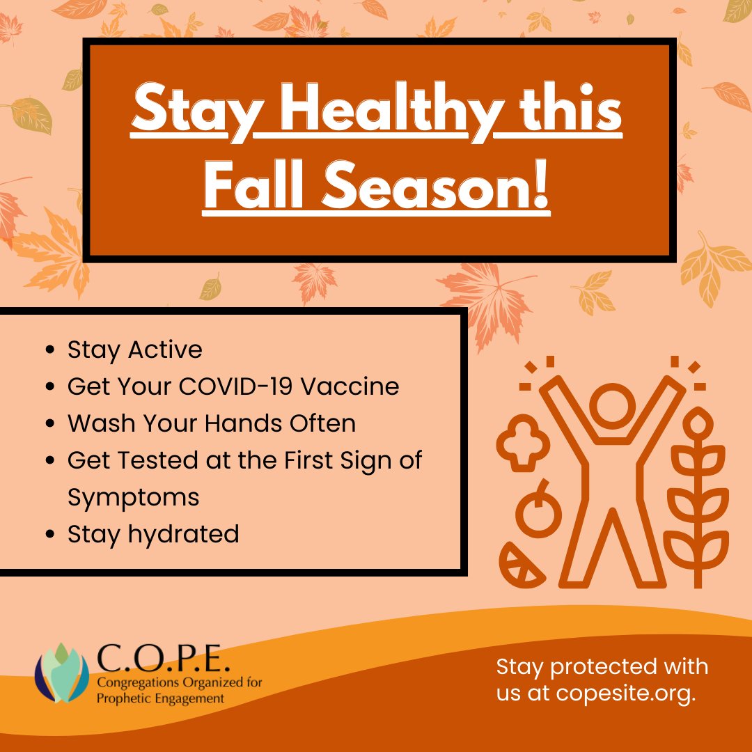 🍂 Stay healthy this fall with these tips: stay active, get your COVID-19 vaccine, wash your hands frequently, test at the first sign of symptoms, and stay hydrated. Together, we’re moving forward in post-pandemic care! 🍂

#PostPandemicCare #FaithInHealing #COVIDRecovery #COPE