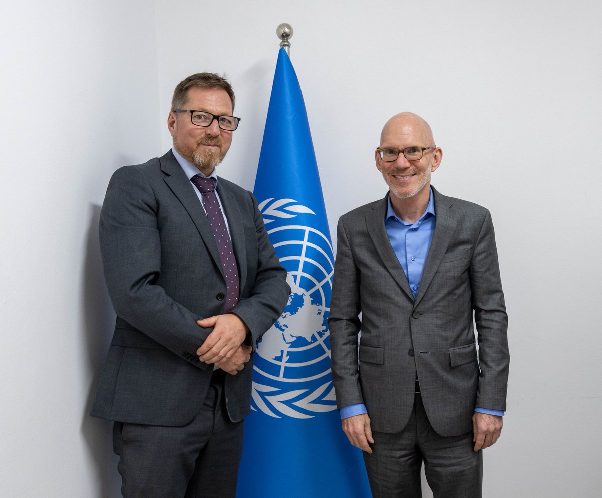 UNTMIS_'s tweet photo. In #Mogadishu yesterday, Acting @UN Special Rep. James Swan met with Norwegian Special Envoy to #Somalia Einar Rystad. Discussions covered key topics related to country’s state-building, #peacebuilding and #development agenda, and the importance of continued support from international partners.