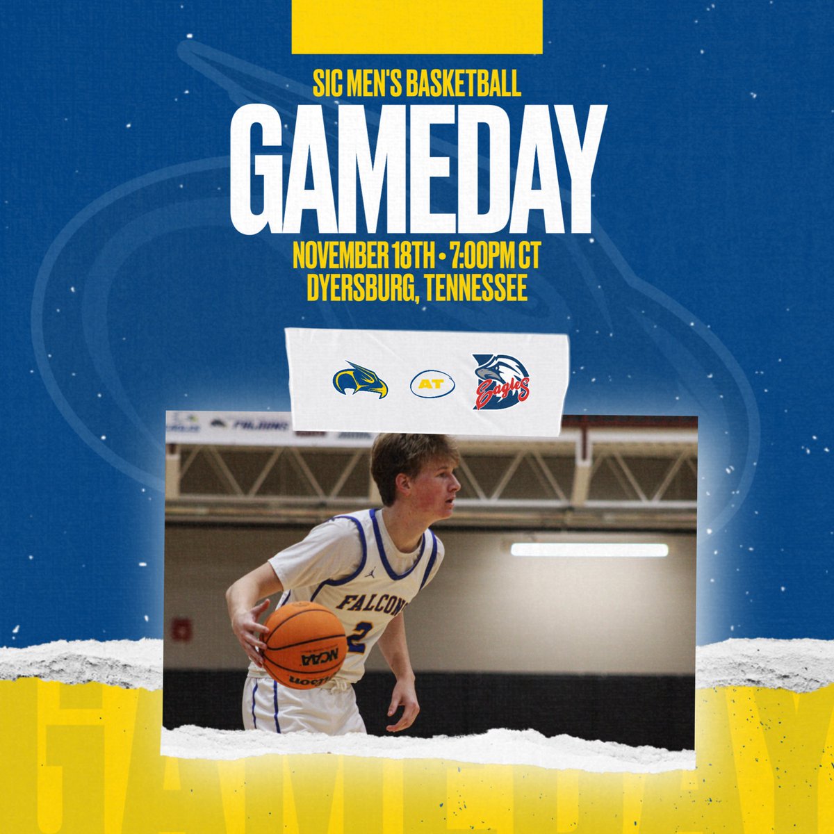 𝙂𝘼𝙈𝙀𝘿𝘼𝙔 🦅

The Falcons are on the road TONIGHT for a 7 p.m. tip-off against Dyersburg State Community College! 

🆚 The DSCC Eagles
📍 Dyersburg, Tennessee
🕖 7 p.m. CST
📷 #2 Charles King
📺: TSBNSports.com

#GoFalcons | #FlyWithUs