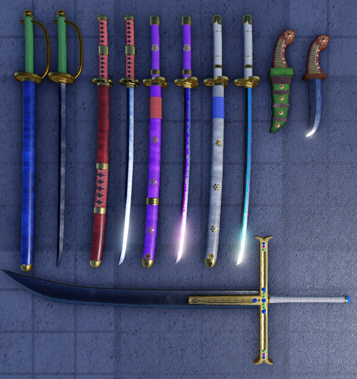 Working on a 17-part One Piece commission, so far I've got;
- Enma 
- Ame no Habakiri
- Sandai Kitetsu
- Gryphon
- Ace's Dagger
- Yoru

#Roblox #RobloxDev