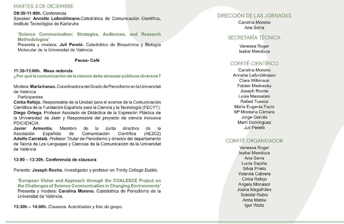 Fernando A. Navarro (@navarrotradmed) on Twitter photo #EuroSciComn24
«Jornadas Internacionales sobre los públicos de la comunicación social de la ciencia»
Valencia🇪🇸: <a href="/ScienceFlows/">ScienceFlows</a> <a href="/UV_EG/">Universitat València</a> <a href="/Polibienestar/">Polibienestar</a> <a href="/FECYT_Ciencia/">FECYT</a> <a href="/CienciaGob/">Ministerio de Ciencia, Innovación y Universidades</a> <a href="/SciencefChange/">Science For Change</a>, 2 y 3 de diciembre.
Inscripción gratuita: encuestas.uv.es/index.php/7879… #EuroSciComn24
«Jornadas Internacionales sobre los públicos de la comunicación social de la ciencia»
Valencia🇪🇸: <a href="/ScienceFlows/">ScienceFlows</a> <a href="/UV_EG/">Universitat València</a> <a href="/Polibienestar/">Polibienestar</a> <a href="/FECYT_Ciencia/">FECYT</a> <a href="/CienciaGob/">Ministerio de Ciencia, Innovación y Universidades</a> <a href="/SciencefChange/">Science For Change</a>, 2 y 3 de diciembre.
Inscripción gratuita: encuestas.uv.es/index.php/7879…
