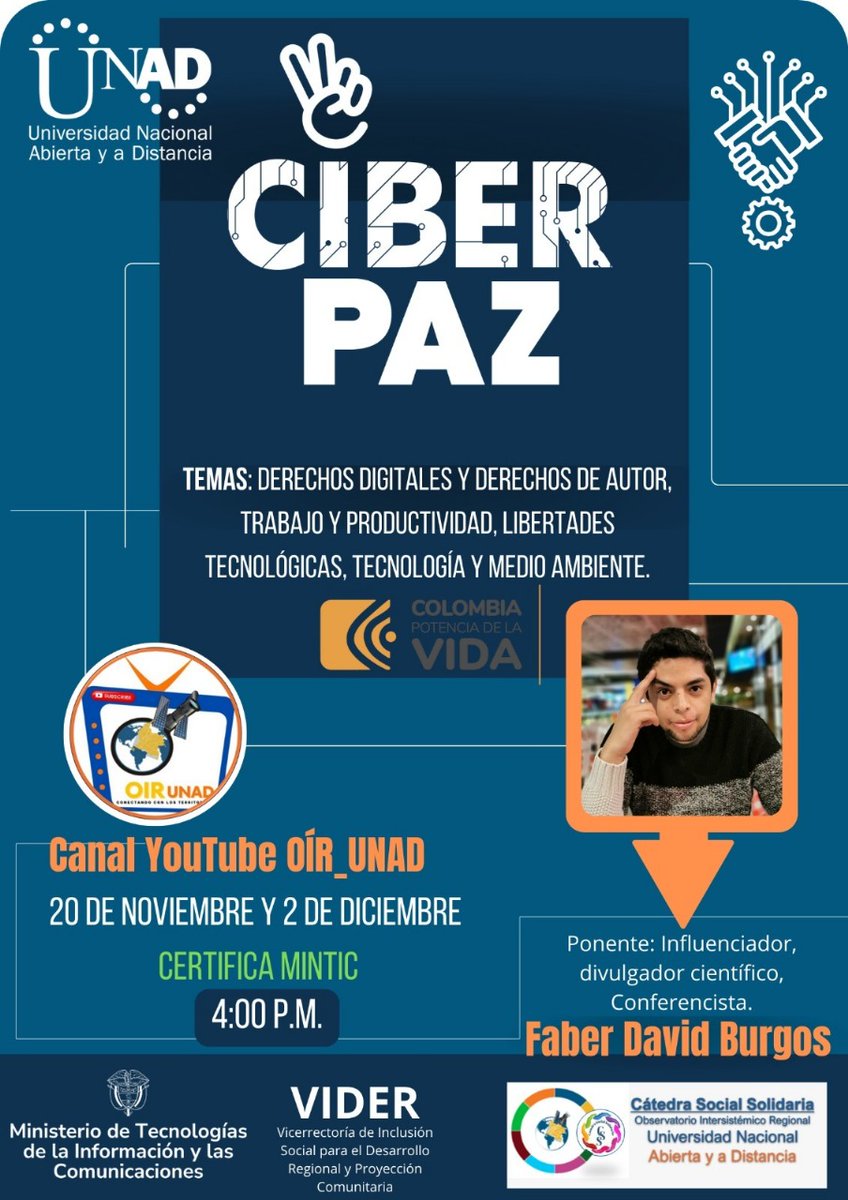 Jorge Enriquez (@enriquezjorge_a) on Twitter photo <a href="/ElOIRdelaRegion/">El OIR de las Regiones UNAD</a> <a href="/unad_zcsur/">UNAD Zona Centro Sur</a> <a href="/ahedys/">Ahedys Medina</a> <a href="/DiegoRoseroR/">Diego Rosero Ruiz</a> <a href="/JuanD1195/">Juan David Marin H</a> <a href="/carocabrerap/">Carolina Cabrera Pérez</a> <a href="/egfgizcsur/">Eliana Guevara</a> <a href="/diegovelasco796/">Diego Velasco Hurtado</a> <a href="/claudiap2019/">claudia patricia rodriguez andrade</a> <a href="/Patrici63044934/">Patricia Morales</a> <a href="/claraparedes4/">clara paredes</a> <a href="/Orte38360Yennyi/">Yenny Isabel Ortega Plaza</a> <a href="/OIRHanniaH/">OIR Hannia</a> La ✌🏼#CiberPaz será el eje temático de nuestra #CatedraSocialSolidaria 20/11 4:00 PM Col. El Influencer, divulgador cientifico y conferencista <a href="/faberburgos/">Faber Burgos Sarmiento</a> nos acompañará como experto invitado en esta bella articulación
Te esperamos. #SISSUZonaCentroSur. youtube.com/live/det3_tP8H… <a href="/ElOIRdelaRegion/">El OIR de las Regiones UNAD</a> <a href="/unad_zcsur/">UNAD Zona Centro Sur</a> <a href="/ahedys/">Ahedys Medina</a> <a href="/DiegoRoseroR/">Diego Rosero Ruiz</a> <a href="/JuanD1195/">Juan David Marin H</a> <a href="/carocabrerap/">Carolina Cabrera Pérez</a> <a href="/egfgizcsur/">Eliana Guevara</a> <a href="/diegovelasco796/">Diego Velasco Hurtado</a> <a href="/claudiap2019/">claudia patricia rodriguez andrade</a> <a href="/Patrici63044934/">Patricia Morales</a> <a href="/claraparedes4/">clara paredes</a> <a href="/Orte38360Yennyi/">Yenny Isabel Ortega Plaza</a> <a href="/OIRHanniaH/">OIR Hannia</a> La ✌🏼#CiberPaz será el eje temático de nuestra #CatedraSocialSolidaria 20/11 4:00 PM Col. El Influencer, divulgador cientifico y conferencista <a href="/faberburgos/">Faber Burgos Sarmiento</a> nos acompañará como experto invitado en esta bella articulación
Te esperamos. #SISSUZonaCentroSur. youtube.com/live/det3_tP8H…