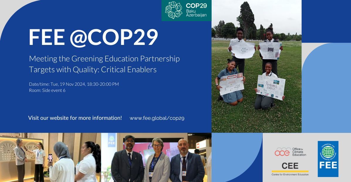Sustainability & Education Policy Network (@sepnetwork) on Twitter photo π How can we unify global climate education efforts?
Join FEE, OCE, and CEE India at #COP29 to explore insights and goals from the UNESCO Greening Education Partnership.
π
 Nov 19
β° 18:30 local time
π Event Room 6 π How can we unify global climate education efforts?
Join FEE, OCE, and CEE India at #COP29 to explore insights and goals from the UNESCO Greening Education Partnership.
π
 Nov 19
β° 18:30 local time
π Event Room 6