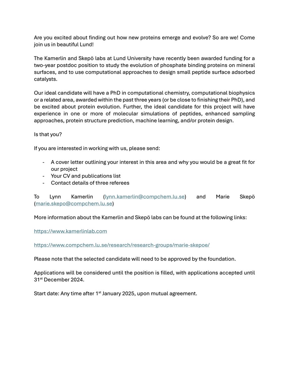 Are you excited about finding out how new proteins emerge and evolve? So are we! Come join us in beautiful Lund! 2 year computational postdoc, in collaboration with Marie Skepö. Submit your application by December 31st for full consideration.

drive.google.com/file/d/1AJIbI_…