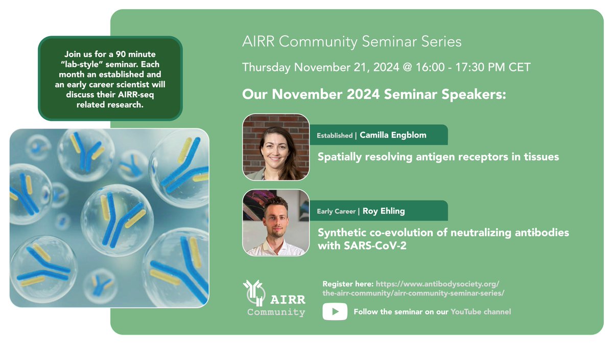 We are very much looking forward to the next AIRR-C Seminar with <a href="/camillaengblom/">Camilla Engblom</a> (spatial immune receptor sequencing) and <a href="/Roy_ehling/">Roy Ξ</a> (synthetic co-evolution of neutralizing antibodies). Nov 21, 4pm CET, Link to register: antibodysociety.org/the-airr-commu….