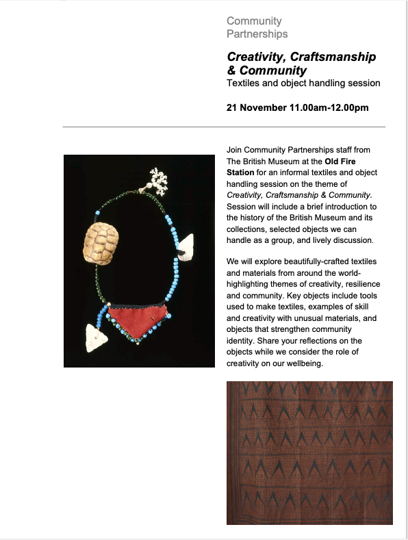 HNGFireStation's tweet photo. This Thursday, handle textiles and objects from around the world, brought to us by the British Museum. You can follow on by joining our friendly knitting group for an hour. We'll all be at the Old Fire Station Community Centre, 38 Mayton Street N7 6QT. Call: 020 7607 9794 https://t.co/mSzTqyjzbC