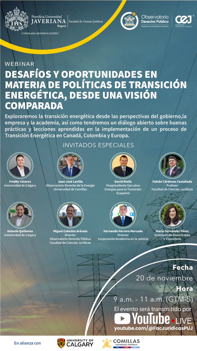 CEJ_JUSTICIA's tweet photo. #CEJInforma | El próximo miércoles nuestro director ejecutivo, Hernando Herrera Mercado, acompañado de expertos en la materia, conversará sobre la transición energética desde las perspectivas del Gobierno Nacional, la empresa y la academia.

ℹ️ El evento será transmitido en vivo a través del canal de YouTube de la @FacJuridicasPUJ.