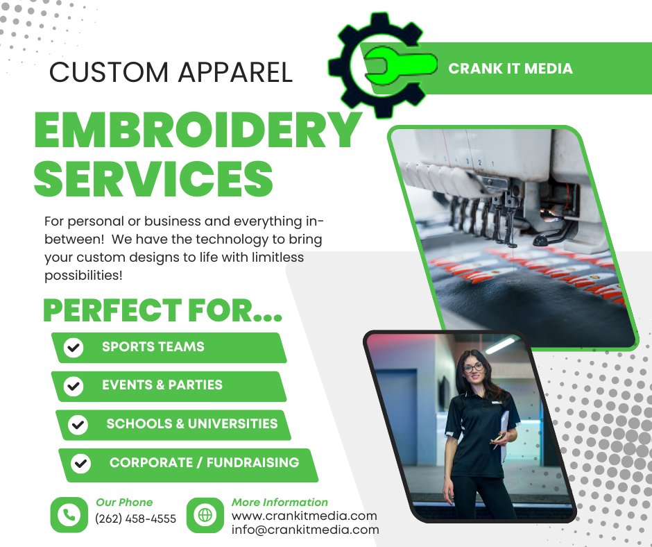 CrankItMedia's tweet image. Add a touch of class to your brand with custom embroidery! From logos on polos to unique designs on hats, we bring your vision to life with premium stitching. #CustomEmbroidery #BrandedApparel #EmbroideredDesigns 

📞: (262) 458-4555
📧: info@crankitmedia.com