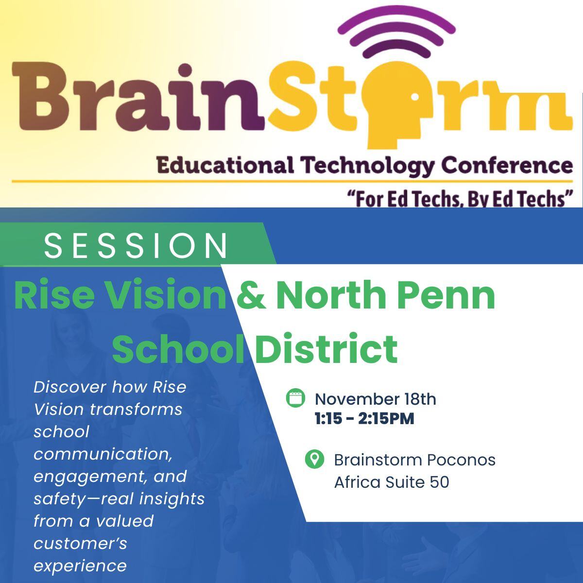 RiseVision's tweet image. Are you at the #Brainstorm conference today!? Join Rise Vision and North Penn School District for a discussion on how North Penn uses Rise Vision to transform communication, boost engagement, and enhance safety in their school. #BrainstormPoconos #Brainstorm2024 #Edtech