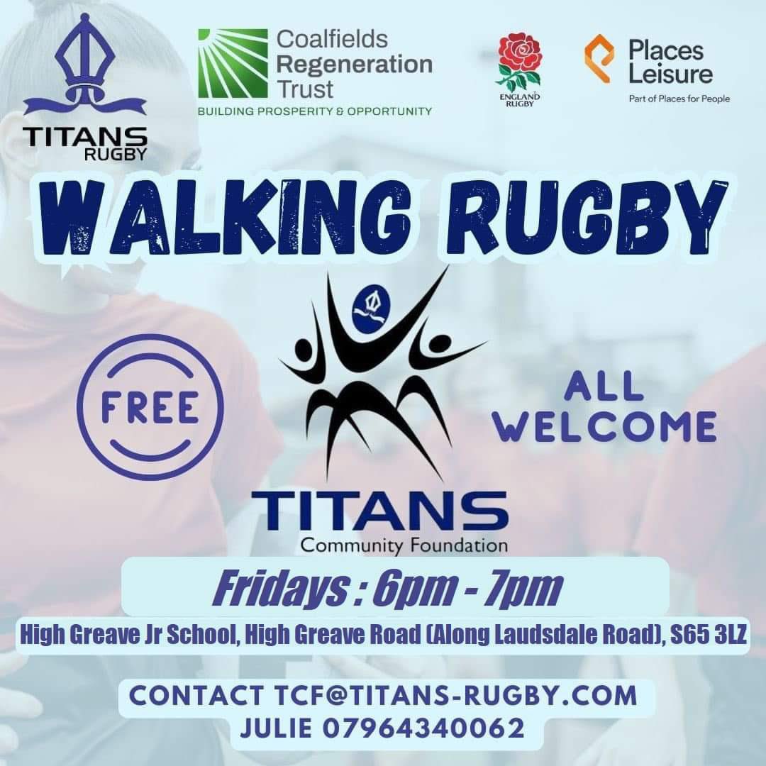 𝐖𝐀𝐋𝐊𝐈𝐍𝐆 𝐑𝐔𝐆𝐁𝐘 𝐖𝐈𝐓𝐇 𝐓𝐇𝐄 𝐓𝐈𝐓𝐀𝐍𝐒 𝐂𝐎𝐌𝐌𝐔𝐍𝐈𝐓𝐘 𝐅𝐎𝐔𝐍𝐃𝐀𝐓𝐈𝐎𝐍:

Enjoy all the fun of rugby, without the contact and less of the running with the <a href="/TCFRotherham/">Titans Community Foundation</a> 

A great social activity, get fitter and maybe occasionally beat one of our players to