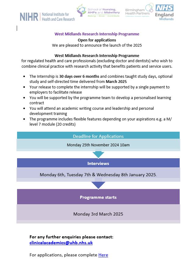 BHP Clinical Academics (@bhpclinac) on Twitter photo One week to go! Details for NIHR/NHSE WM Research Internship programme available here: education.uhb.nhs.uk/clinical-educa……
<a href="/uhbtrust/">University Hospitals Birmingham</a>
<a href="/UHBResearch/">UHB Research</a>
<a href="/ProfAnnieT/">annietopping</a>
<a href="/emmasuttPhysio/">Dr Emma Sutton</a>
<a href="/RuthPearce18/">Ruth Pearce</a>
<a href="/UHBTherapy/">UHB Therapy Services</a> <a href="/UHB_SoN/">School of Nursing, AHPs and Midwifery</a>
Deadline for applications: Monday 25th Nov, 10am One week to go! Details for NIHR/NHSE WM Research Internship programme available here: education.uhb.nhs.uk/clinical-educa……
<a href="/uhbtrust/">University Hospitals Birmingham</a>
<a href="/UHBResearch/">UHB Research</a>
<a href="/ProfAnnieT/">annietopping</a>
<a href="/emmasuttPhysio/">Dr Emma Sutton</a>
<a href="/RuthPearce18/">Ruth Pearce</a>
<a href="/UHBTherapy/">UHB Therapy Services</a> <a href="/UHB_SoN/">School of Nursing, AHPs and Midwifery</a>
Deadline for applications: Monday 25th Nov, 10am