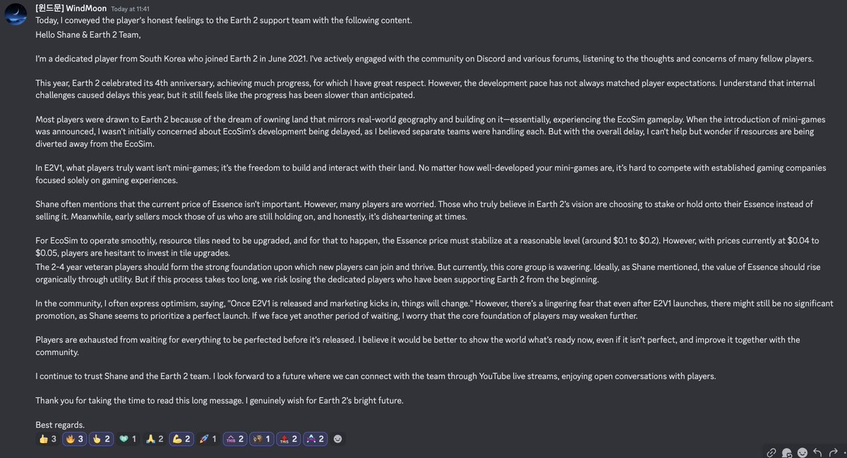 Hey <a href="/theshaneisaac/">Shane Isaac 🌍2️⃣</a> <a href="/earth2io/">Earth 2 🌍2️⃣</a> I reckon quite a few players feel this way.

Once #E2V1 is out, please crank up the marketing. After all the grinding we've been doing, we need #Essence to have a decent value.

Don't let long term supporters become "bag holders" pls 🙏