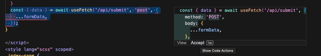 Plearnery's tweet image. 我不知道 nuxt 框架里 useFetch 怎么用，自己随意写了段代码，感觉不对劲，于是选中了这段代码后，cursor 就自动在右侧给出了正确的调用方式。跪了