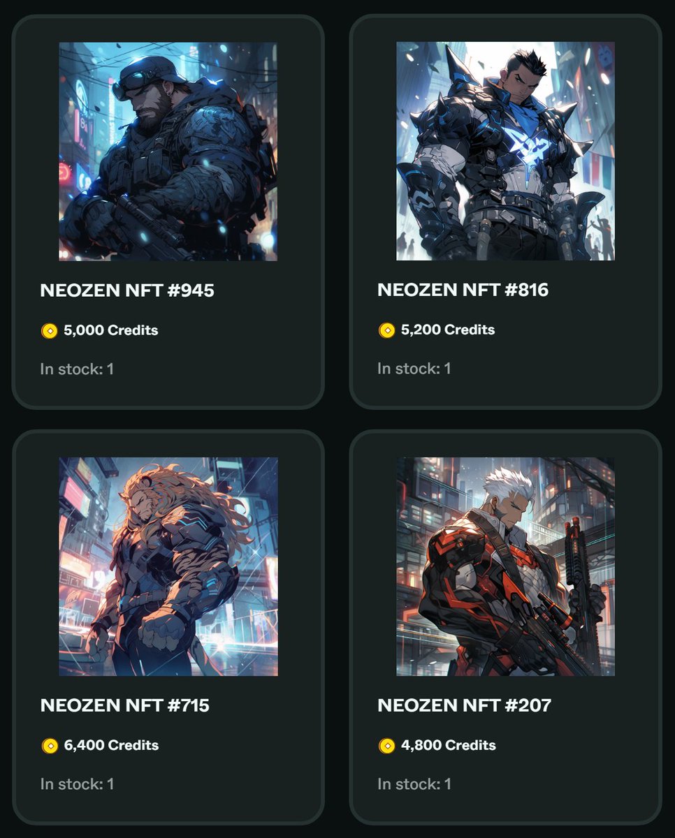 NEO REWARDS | NEW STORE ITEMS 🚨

NEOZEN #945
▫️ 5,000 $CREDITS
NEOZEN #816
▫️ 5,200 $CREDITS
NEOZEN #715
▫️ 6,400 $CREDITS
NEOZEN #207
▫️ 4,800 $CREDITS

Check them out in-store via: sesamelabs.xyz/neozen/?tab=st…

Join NEO REWARDS &amp; start earning $CREDITS 🪙 #LFZEN