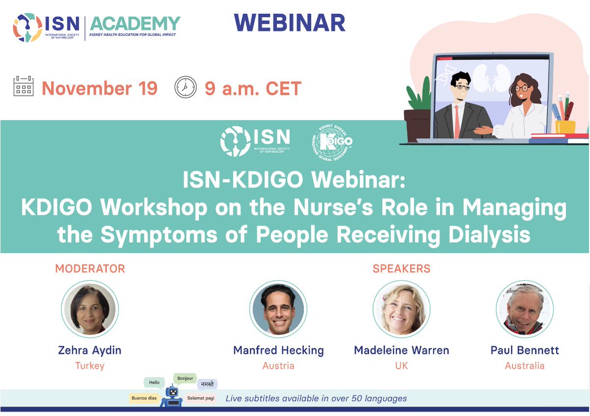 There is still time to register for the next ISN-KDIGO webinar tomorrow, November 19, at 9:00 AM CET.  

Register: ow.ly/IbkU50U5waj 

Don't miss this opportunity to learn evidence-based strategies for improving the dialysis experience, making treatment more tolerable, and