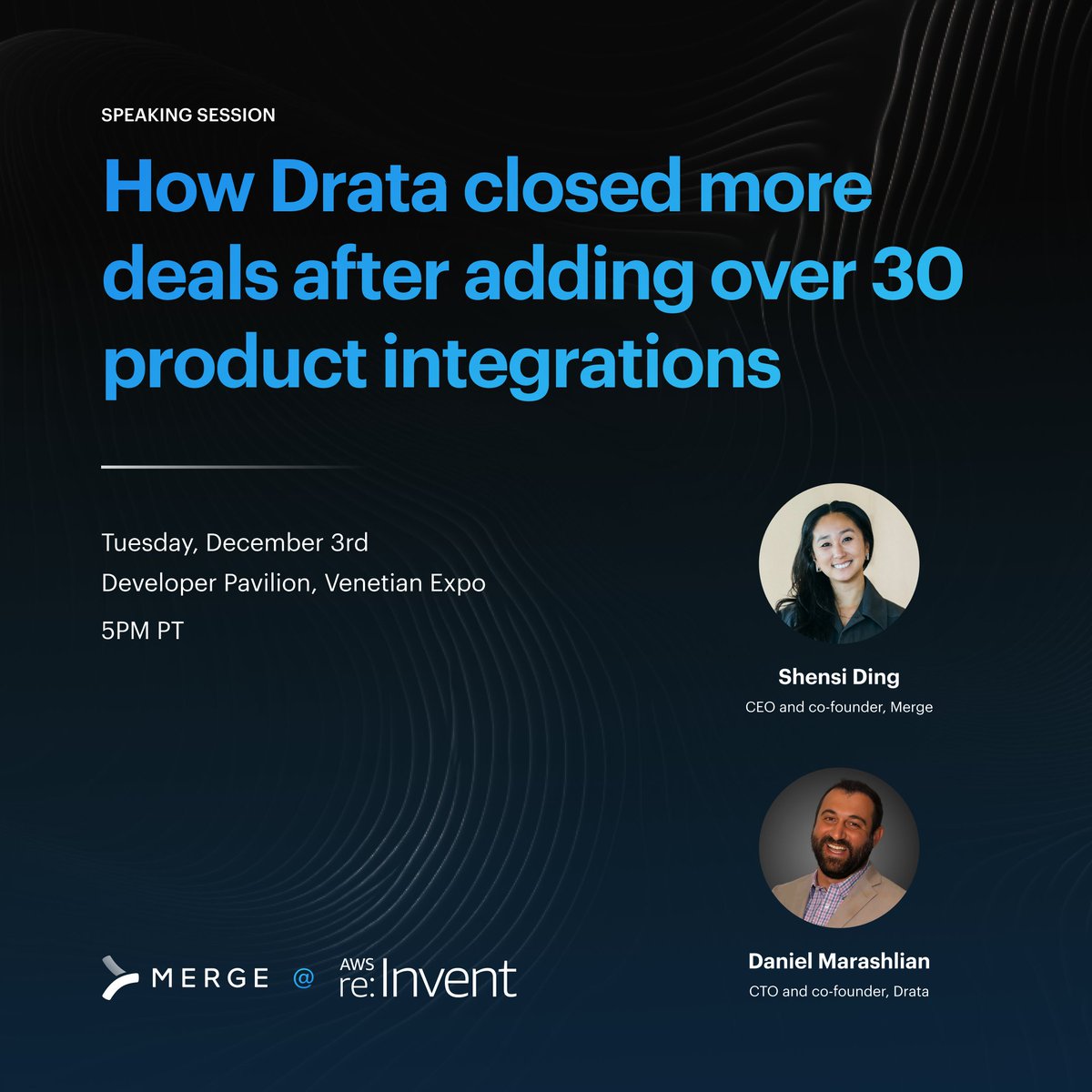 Next month at #AWSreInvent: <a href="/merge_api/">Merge</a> + Drata will host a joint session on enhancing value to customers through integrations. 📈 

🗓️: Tuesday, December 3rd
📍: Developer Pavillion, Venetian Expo
🕔: 5PM PT

See you there!