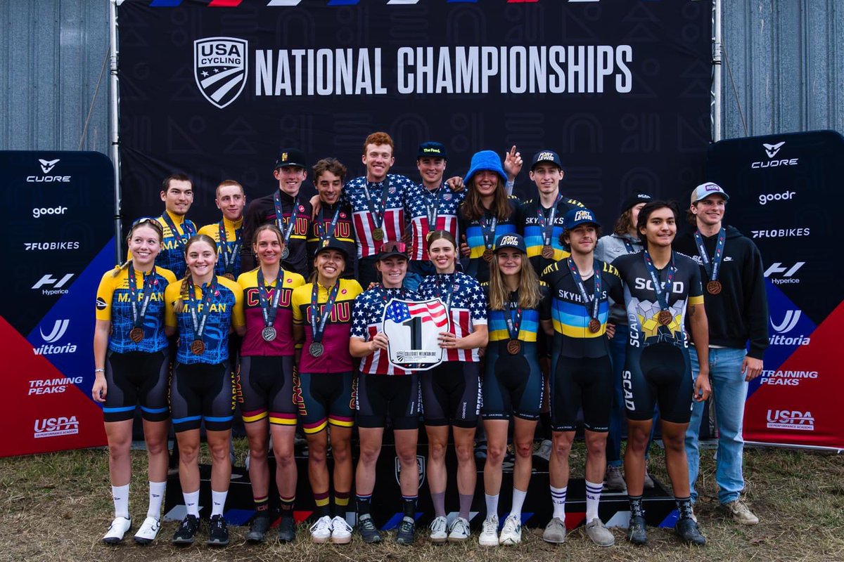 BCTornados's tweet photo. Cycling: The @BrevardCollege team relay of Owen Clark, Cole Punchard, Kiara Lylyk and Nicole Bradbury on the top step of the podium as National Champions! The Tornados won the relay by 15 seconds over Colorado Mesa with Fort Lewis placing third. #NadoNation #CollNats #MTB https://t.co/JrzuKHU9Rg