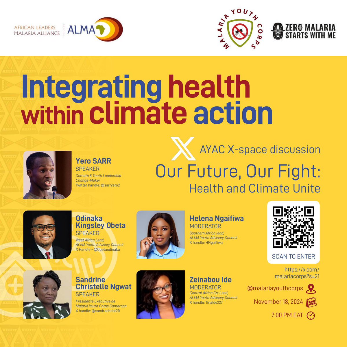 We are live! 

Join the Conversation in celebration of Health Day at #COP29, the <a href="/ALMA_2030/">African Leaders Malaria Alliance (ALMA)</a> Youth Council (AYAC) is hosting an X-Space.

📅 Date: Monday, 18th November 2024
⏰ Time: 7:00 PM EAT | 4:00 PM GMT
🔗Link: x.com/i/spaces/1yNGa…

Zero Malaria starts with me!