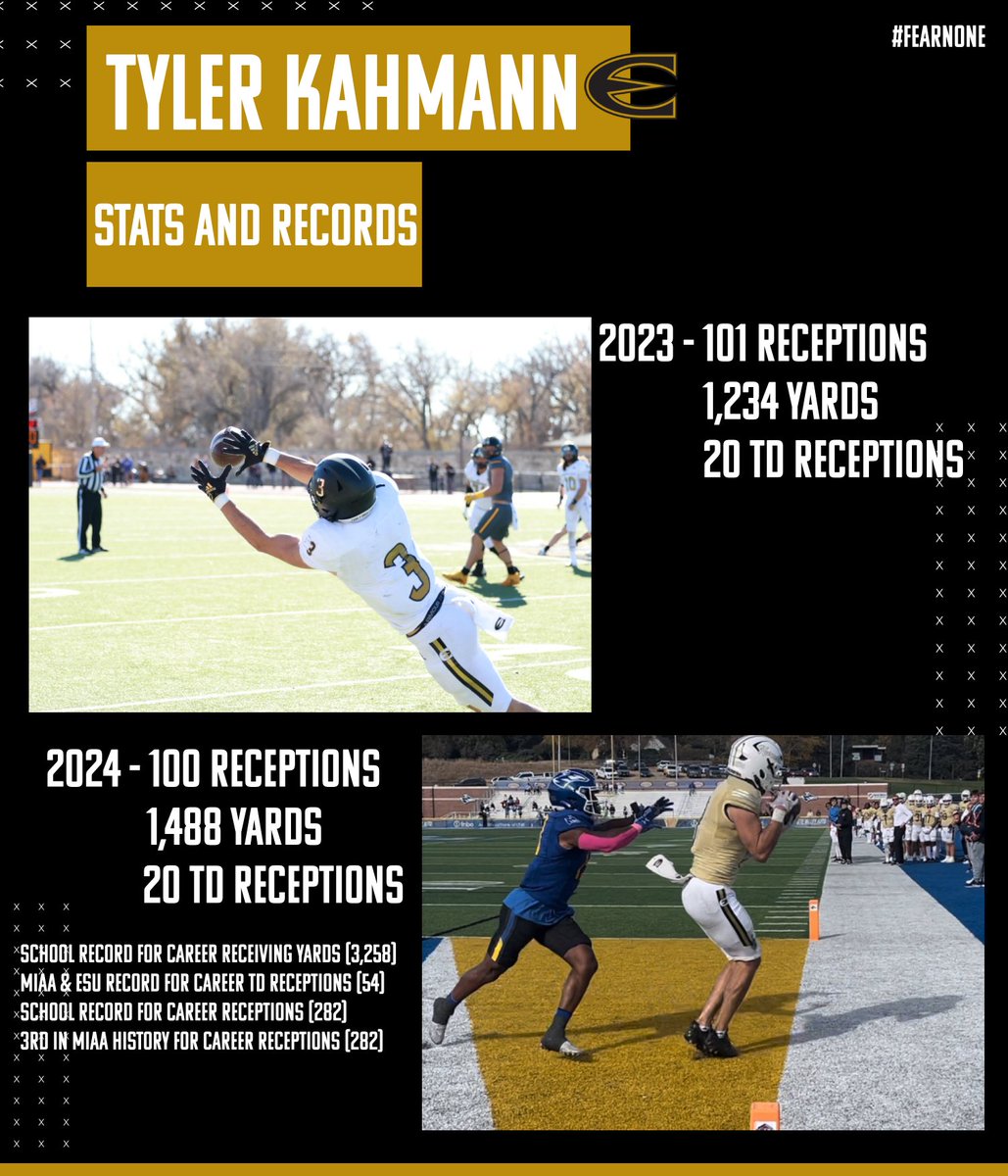 ESU Hornet Football (@esuhornetsfb) on Twitter photo A legacy like no other! <a href="/tyler_kahmann33/">Tyler Kahmann</a> has etched his name in the Emporia State and MIAA Record books. His legacy is undeniable, a true legend and an even better teammate and leader! 🙌
Back to Back Seasons of 100+ Receptions / 1,000+ Yards / 20 TD.
#HornetDNA🧬 #FEARNONE🐝 A legacy like no other! <a href="/tyler_kahmann33/">Tyler Kahmann</a> has etched his name in the Emporia State and MIAA Record books. His legacy is undeniable, a true legend and an even better teammate and leader! 🙌
Back to Back Seasons of 100+ Receptions / 1,000+ Yards / 20 TD.
#HornetDNA🧬 #FEARNONE🐝