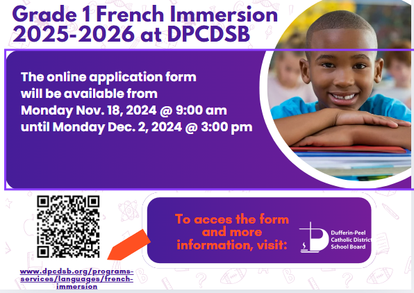 The online application form for the Grade 1 French Immersion Program at DPCDSB for the 2025-2026 school year is now open.

More information @ dpcdsb.org/programs-servi…