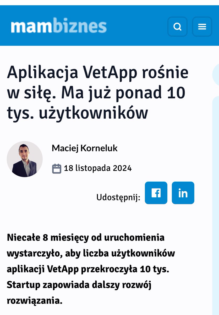trajektoriePL's tweet photo. Gratulacje dla Leszka Bukowskiego 👏@LeszBuk . Aplikacja VetApp przekroczyła już 10 tysięcy użytkowników – i to zaledwie 8 miesięcy po uruchomieniu!

„Aplikacja opiera się na algorytmie postępowań, który opracowali eksperci z dziedziny weterynarii. Dzięki wsparciu sztucznej inteligencji możliwa jest pre-diagnoza jednostki chorobowej, a w dalszej kolejności podpowiedź dotycząca metody leczenia każdego z gatunków psów lub kotów.”

Twórcy zapowiadają dalsze inwestycje w rozwój technologii, które przyczynią się do zainteresowania rozwiązaniem jeszcze większej liczby właścicieli zwierząt.

Źródło: Maciej Korneluk/MamBiznes

To teraz czas na 100 tys 🤞

#TakDlaAI