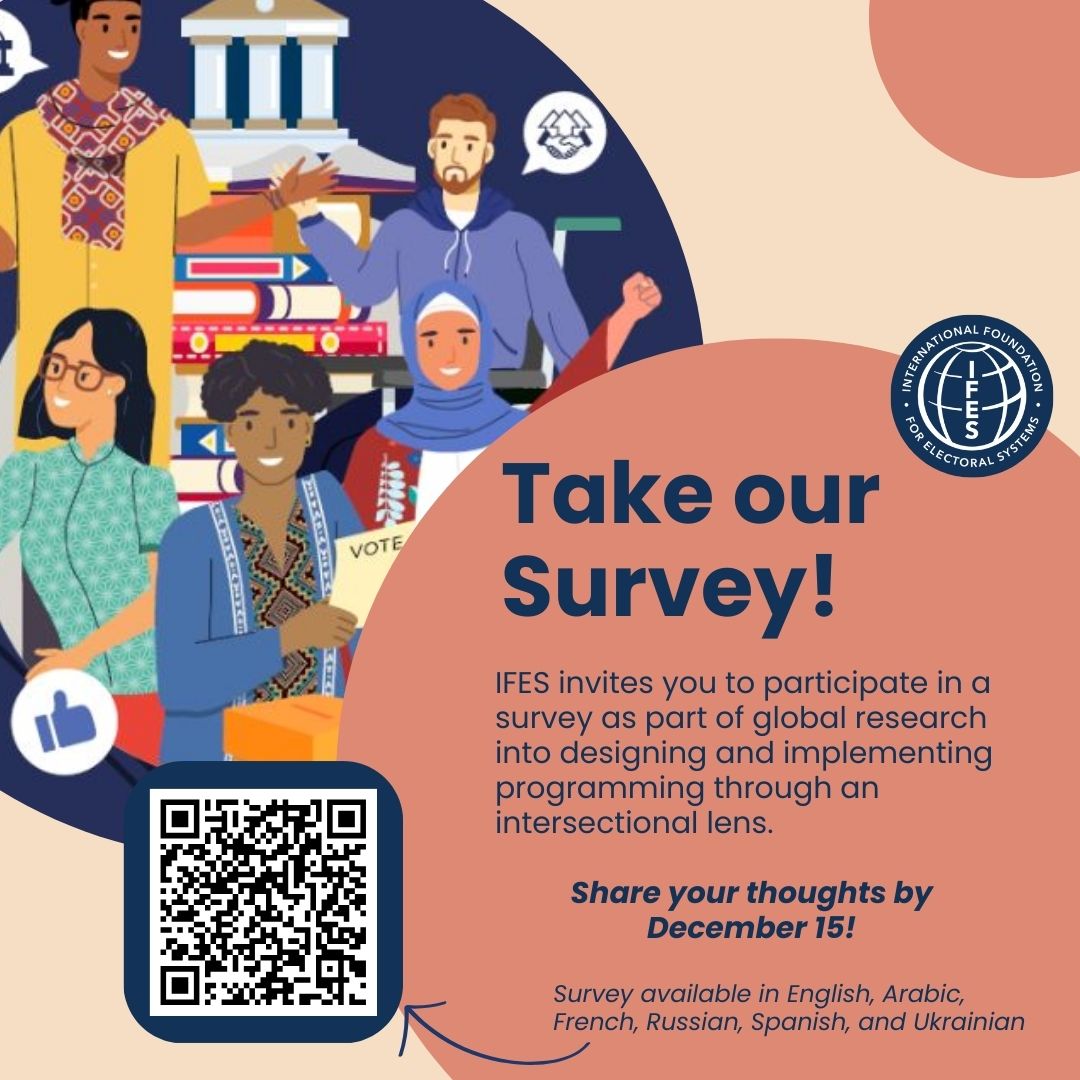 IFESDisability's tweet image. .@IFES1987 invites you to take our survey on designing #intersectional programming and engaging diverse pops. Help us develop new approaches to inclusive #civic & #political participation! Share your thoughts by Dec. 15! ifes-io3.questionpro.com/intersectional…