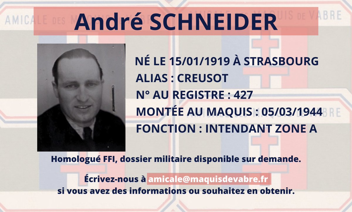 maquisdevabre's tweet photo. L'aviateur André Schneider aide ceux qui fuient l'incorporation dans l'armée allemande et le STO avant de monter au maquis début 1944. Capturé en juillet, il est incarcéré avec André Malraux. Il s'engage dans l'armée et combat jusqu'à la fin de la guerre : https://t.co/r20MhzEAYZ https://t.co/AEeZeOny2f