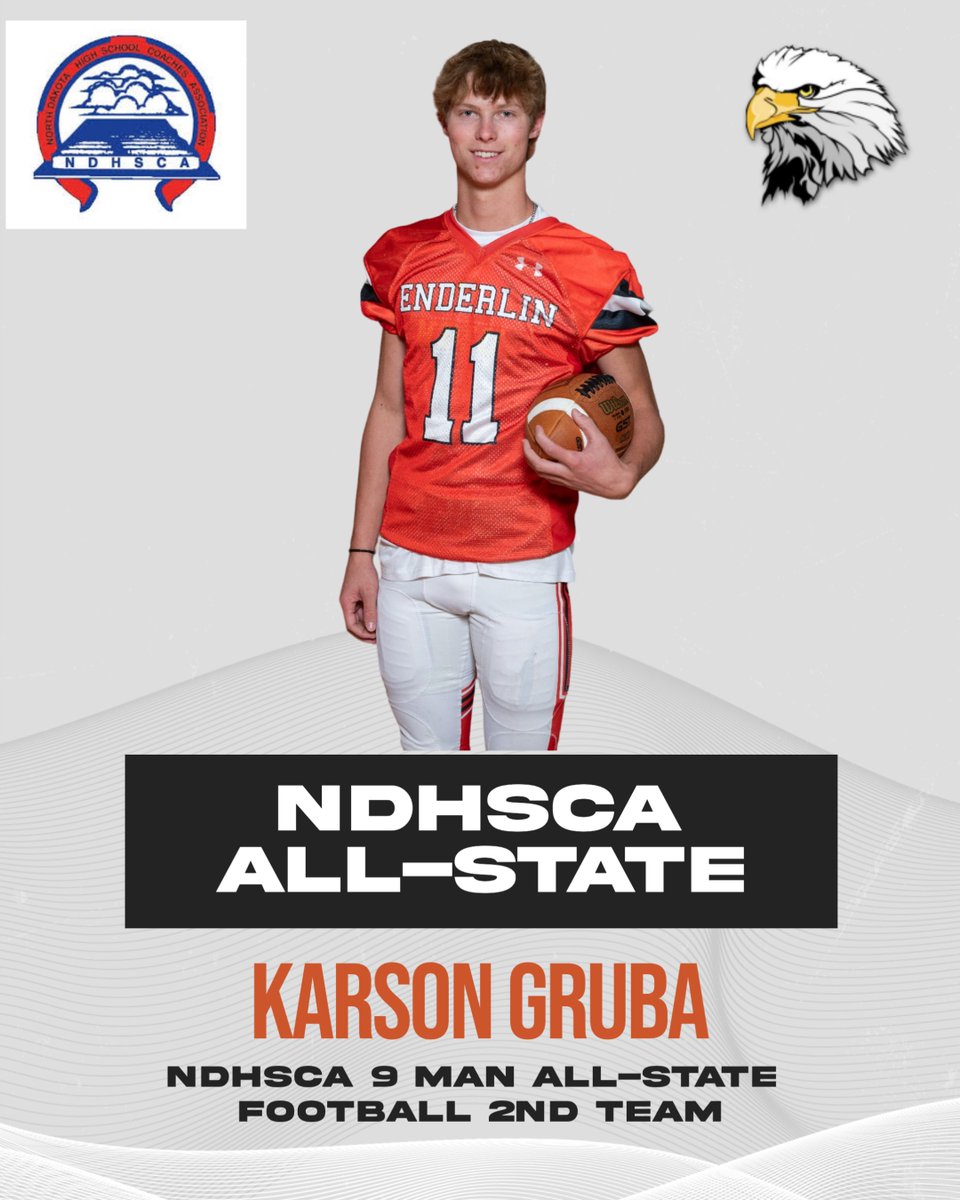 Congratulations to Karson Gruba on making the 9-man all-state football 2nd team! He is the first Enderlin player to make all state since Dylan Claus in 2013 and the the 4th total since 2000 (Alex Kringen and Travis Thielges). This earns him a plaque on the wall of honor!