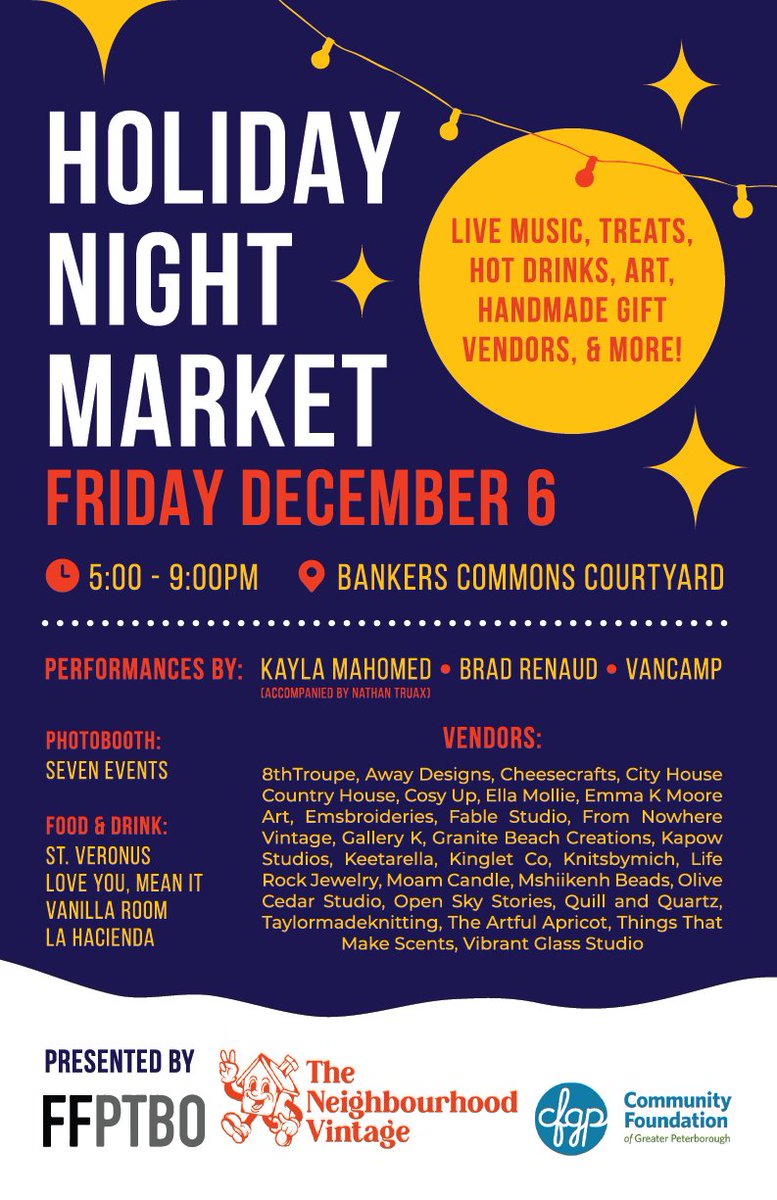 ✨ Neighbourhood Holiday Market ✨

The Neighbourhood Vintage &amp; First Friday Ptbo are thrilled to invite you to the third annual Holiday Night Market taking place Friday, December 6th from 5-9pm in the Bankers Commons courtyard of the Commerce Building.

#Ptbo #Holiday #ArtMarket