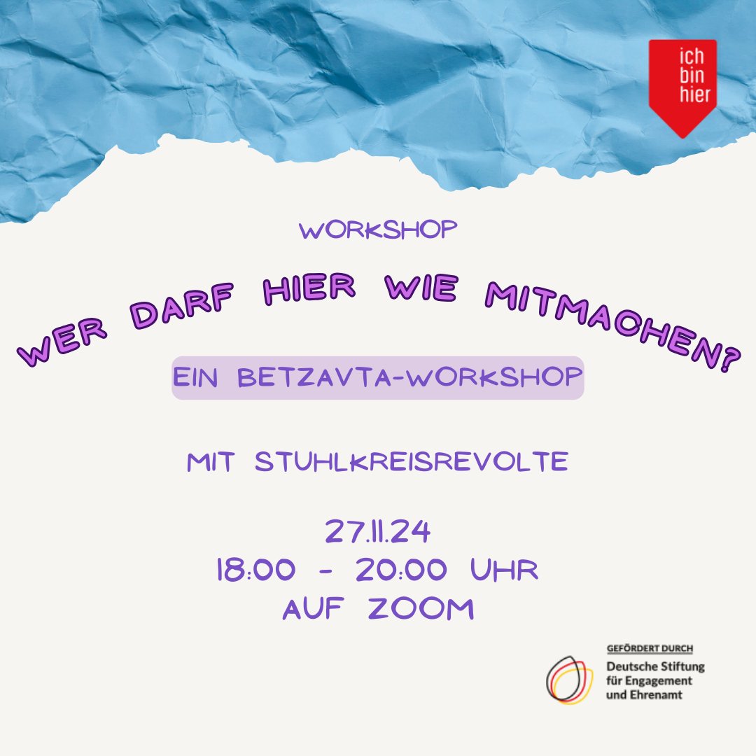 Ihr möchtet lernen, wie Konflikte auf kreative und gleichberechtigte Weise gelöst werden können? Dann macht bei unserem interaktiven Workshop mit Stuhlkreisrevolte mit!

Anmeldung: wkf.ms/3OhqATX (Teilnahme begrenzt auf 20 Personen)