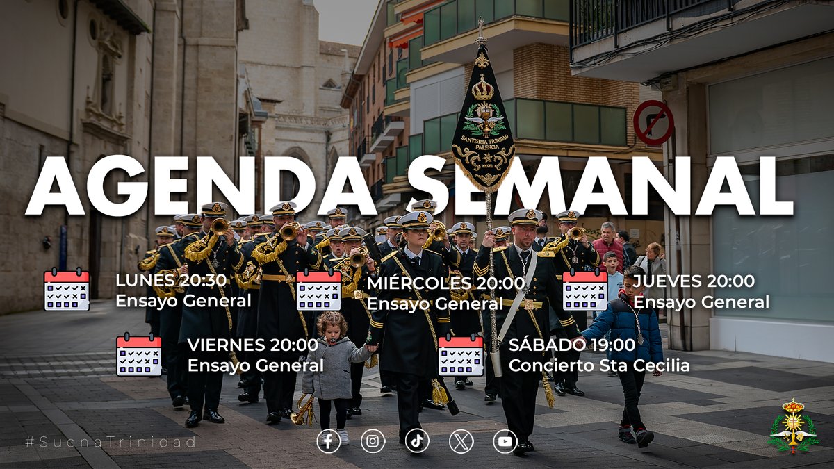 📒 | 𝐀𝐆𝐄𝐍𝐃𝐀 𝐒𝐄𝐌𝐀𝐍𝐀𝐋.

Además, el sábado os esperamos en el concierto en honor a Santa Cecilia a las 19:30h en la Capilla de Nuestra Señora de la Soledad de Palencia.

¡Nos vemos en los ensayos y en el concierto! 🎶

#𝐒𝐔𝐄𝐍𝐀𝐓𝐑𝐈𝐍𝐈𝐃𝐀𝐃