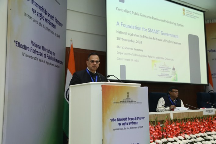 DARPG_GoI's tweet photo. 𝐒𝐞𝐬𝐬𝐢𝐨𝐧 - 𝐈
Shri V. Srinivas, Secretary, DARPG, led an insightful session on #CPGRAMS at the National Workshop on Effective Redressal of Public Grievances.

Addressing participants, he emphasized the workshop's objective of strengthening grievance redressal mechanisms and laying out a future roadmap to empower citizen-centric governance. He shared valuable insights on the newly issued policy guidelines for effective grievance handling and highlighted transformative initiatives undertaken by DARPG. He further requested GROs to make the best use of the GRAI index and feedback portal to understand policy loopholes, root causes and directly listen to the citizen feedback.

#CPGRAMS #GoodGovernance #PublicGrievances #CitizenCentric