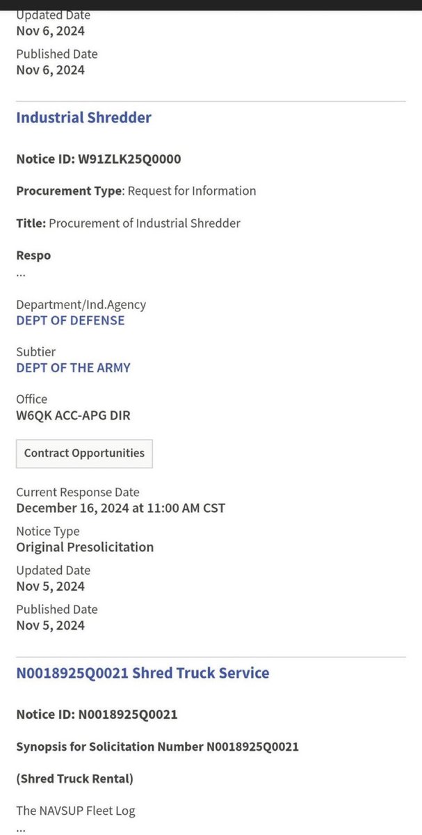 COINCIDENCE?

Department of Defense (DoD) ordered an industrial shredder the day Trump won the election.

I wonder if the DOJ is using it or if they ordered their own?