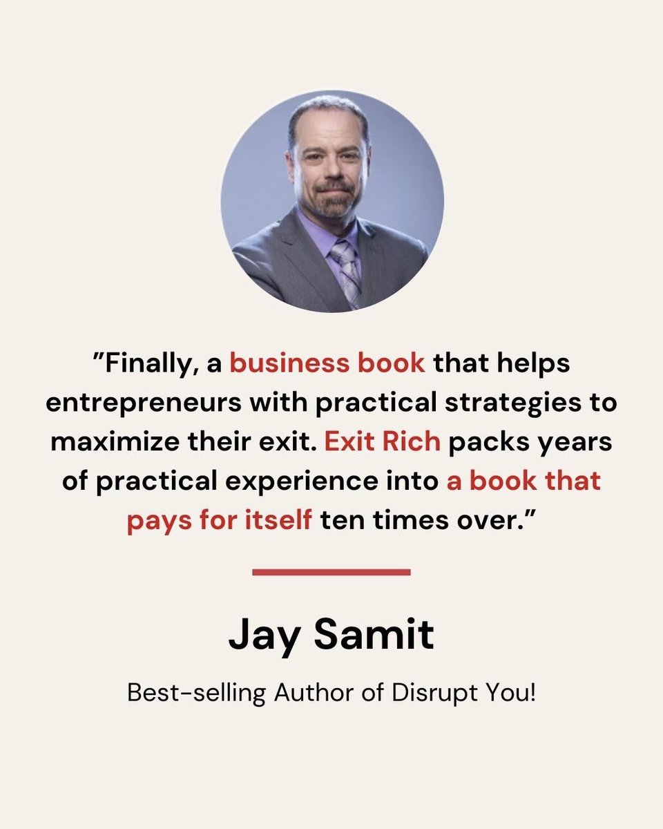 Exit Rich isn’t just a book—it’s a roadmap for entrepreneurs to maximize their business value and achieve the ultimate exit strategy. As Jay Samit says, it pays for itself ten times over!

Grab your copy now! Link in bio.

#ExitRich #BusinessSuccess #Entrepreneurship
