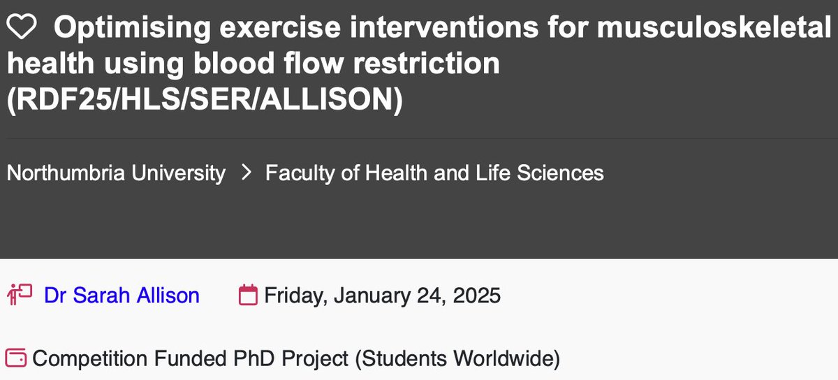 Luke Hughes (@_lukehughes_) on Twitter photo 🚨Please share: New fully-funded PhD opportunity with <a href="/SJ_Allison/">Sarah Allison</a> and myself to investigate #BloodFlowRestriction as an exercise intervention to improve bone health 👇🏽
findaphd.com/phds/project/o…
For those interested, get in touch with us.
Deadline: January 24th 2025 🚨Please share: New fully-funded PhD opportunity with <a href="/SJ_Allison/">Sarah Allison</a> and myself to investigate #BloodFlowRestriction as an exercise intervention to improve bone health 👇🏽
findaphd.com/phds/project/o…
For those interested, get in touch with us.
Deadline: January 24th 2025