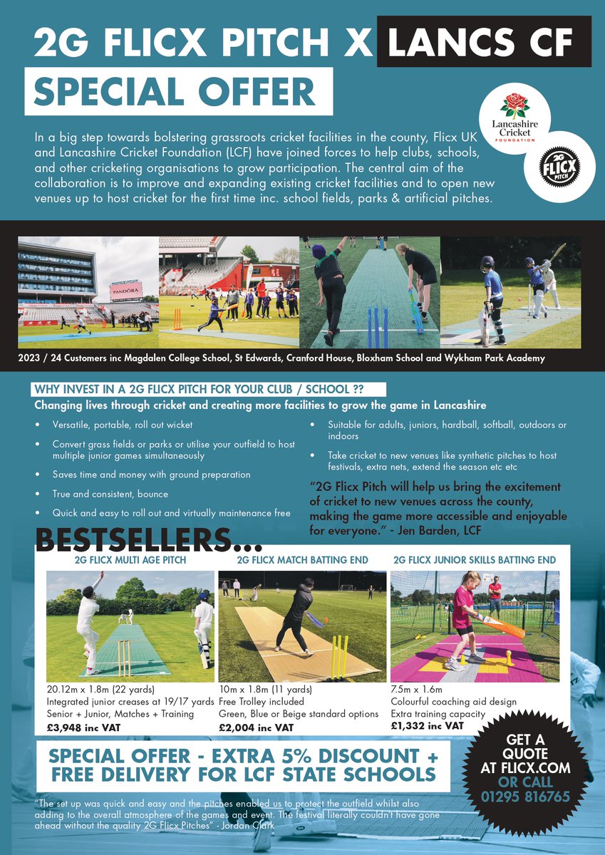 We have joined forces with <a href="/FlicxPitch/">2G Flicx Pitch</a> to help clubs, schools,  and other cricketing organisations to grow participation🏏

Enjoy an extra 5% discount off your purchase plus free delivery for all LCF state schools!

<a href="/EmiratesOT/">Emirates Old Trafford</a> <a href="/lancscricket/">Lancashire Lightning</a>