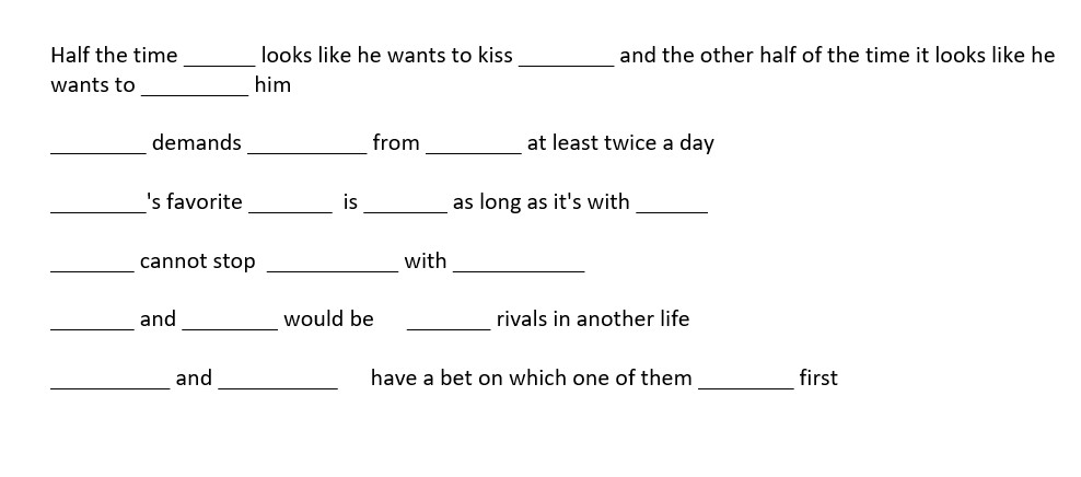 Hi Everyone! There's only a couple more days to submit prompts! 

To get more prompt ideas flowing, we put together a couple madlibs for people to fill in with their favorite rare pairs!

Excited to see what everyone comes up with! 

Prompt form: tally.so/r/mBQ4J5

Mod🌤️