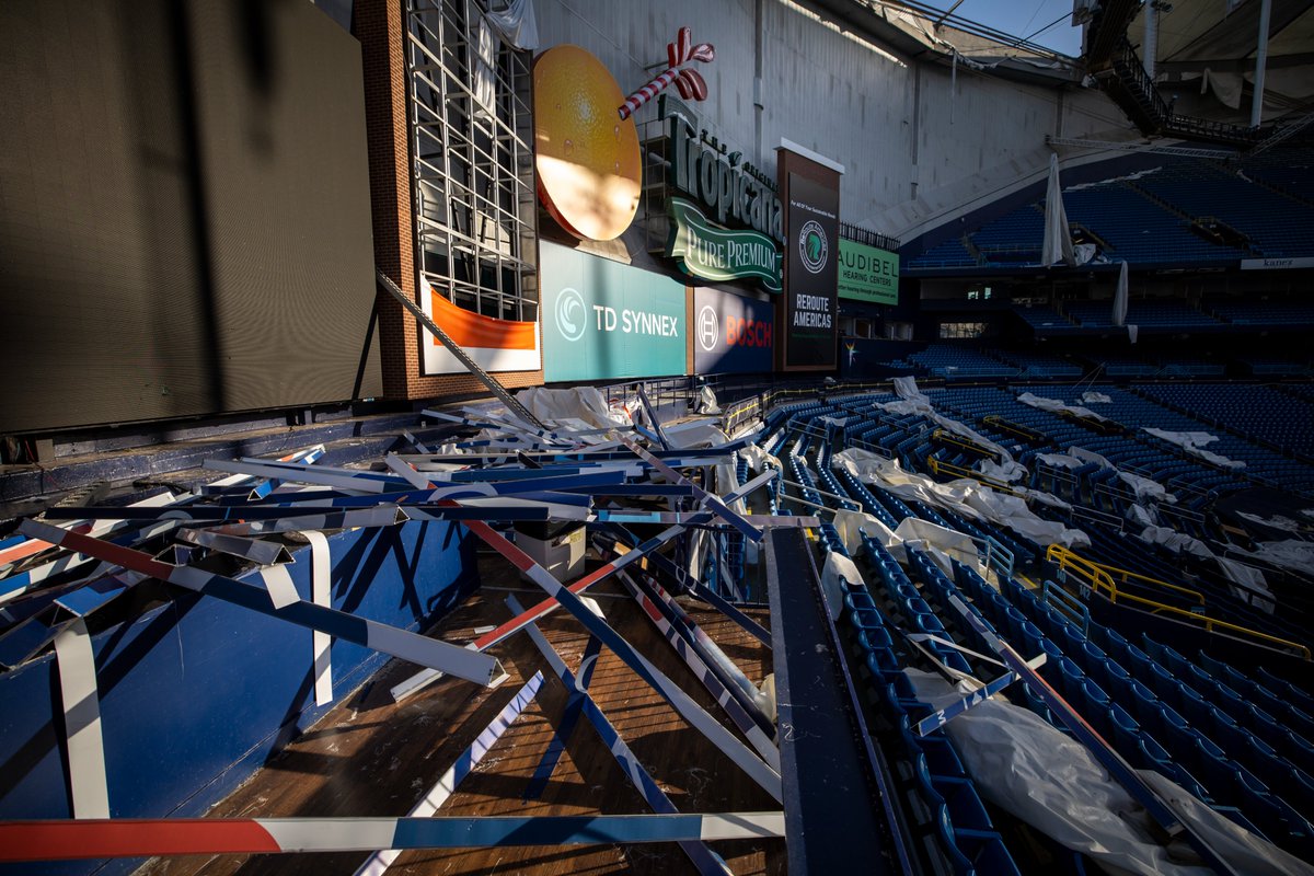 Ry_Bass's tweet image. The #Rays released photos of the damage inside Tropicana Field in the days following Hurricane Milton, and it's catastrophic.