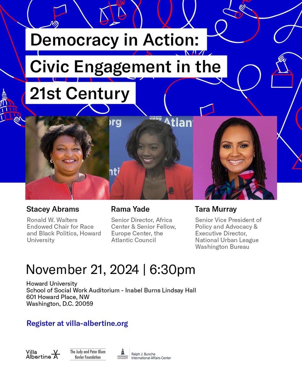 Villa Albertine (@villa_albertine) on Twitter photo How does political engagement differ across nations and generations? 🗣️ Next in <a href="/villa_albertine/">Villa Albertine</a>'s Democracy Series, join <a href="/staceyabrams/">Stacey Abrams</a>, <a href="/ramayade/">Rama Yade</a>, and Tara Muray on November 21 at <a href="/HowardU/">Howard University</a>. Register: villa-albertine.org/va/events/civi… How does political engagement differ across nations and generations? 🗣️ Next in <a href="/villa_albertine/">Villa Albertine</a>'s Democracy Series, join <a href="/staceyabrams/">Stacey Abrams</a>, <a href="/ramayade/">Rama Yade</a>, and Tara Muray on November 21 at <a href="/HowardU/">Howard University</a>. Register: villa-albertine.org/va/events/civi…